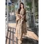 Plain Cardigan / Long-Sleeve V-Neck Floral Print Maxi A-Line Dress