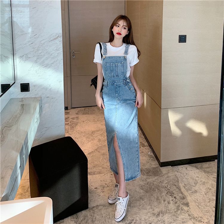 Slit Denim Midi Sheath Overall Dress 