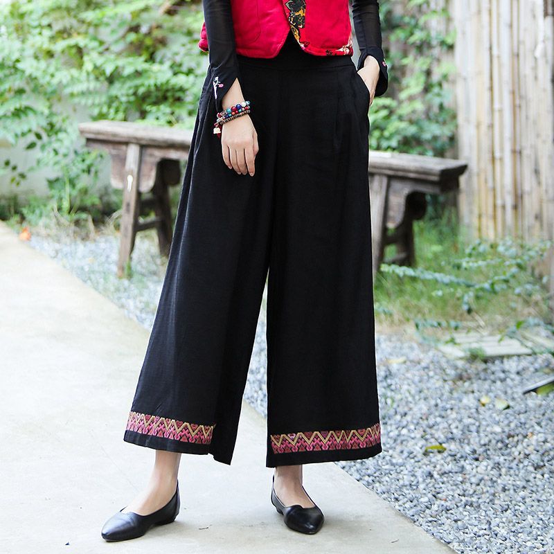 embroidered wide leg pants