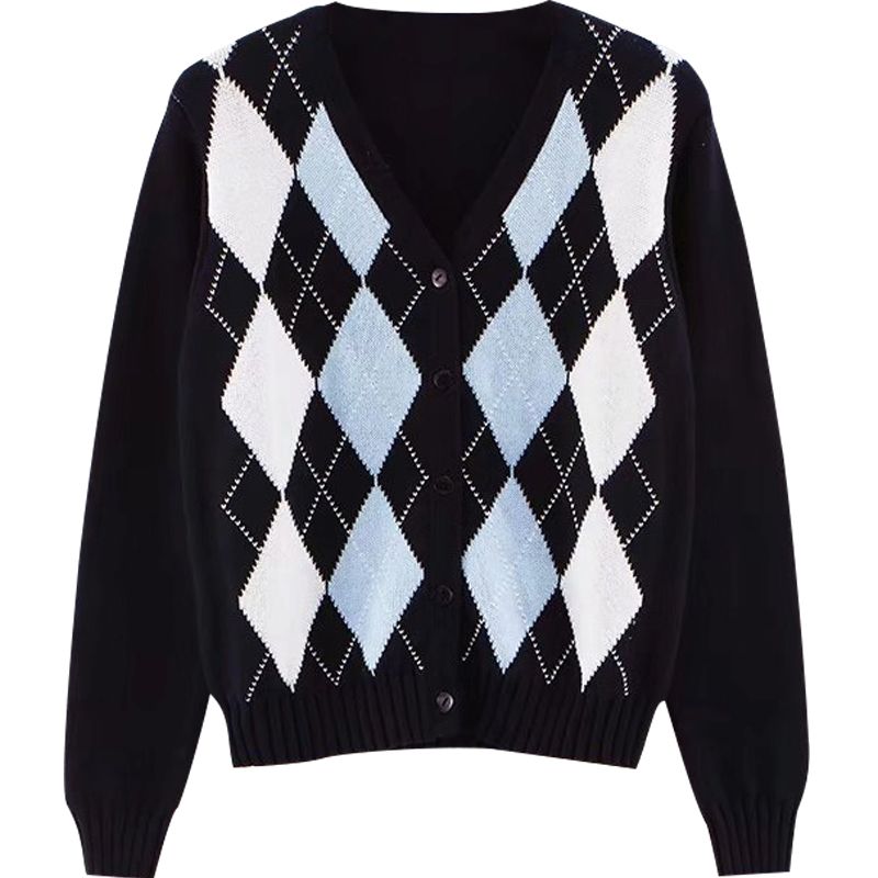 Sinora - V-Neck Argyle Cropped Cardigan 