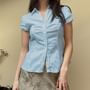 Short Sleeve V-Neck Plain Ruched Shirt