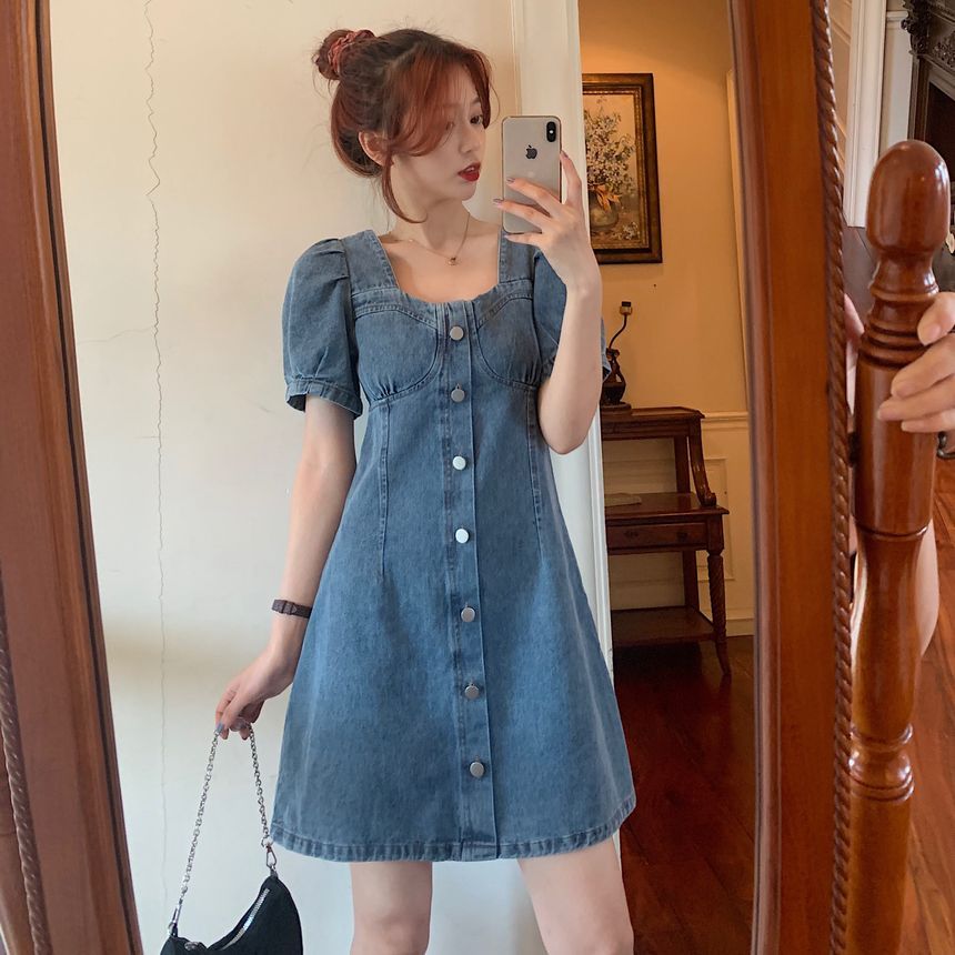 Ukiyo - Short-Sleeve Denim Mini A-Line 