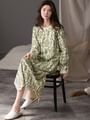 Long-Sleeve Round Neck Print Slit Midi Sleep Dress