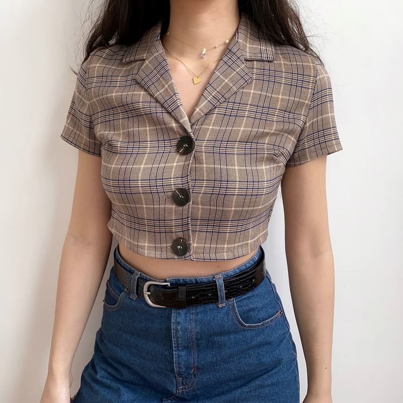 Sinora - Short-Sleeve Plaid Crop Shirt 