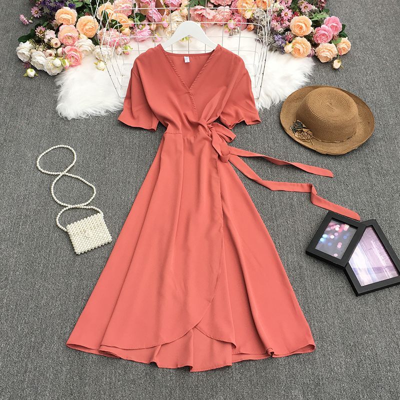 Short-Sleeve Wrap Midi A-Line Dress 