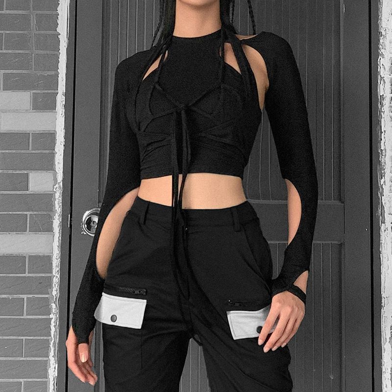 HERMITAKH Mock Two-Piece Long-Sleeve Strappy Cutout Crop Top | YesStyle