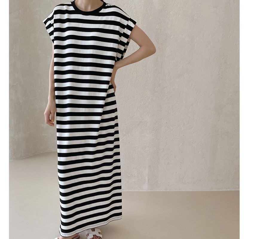 Ango - Short-Sleeve Striped Maxi T-Shirt Dress | YesStyle