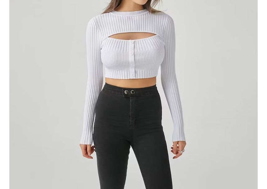 Avauntgardo - Crew Neck Plain Cutout Ribbed Cropped Sweater | YesStyle