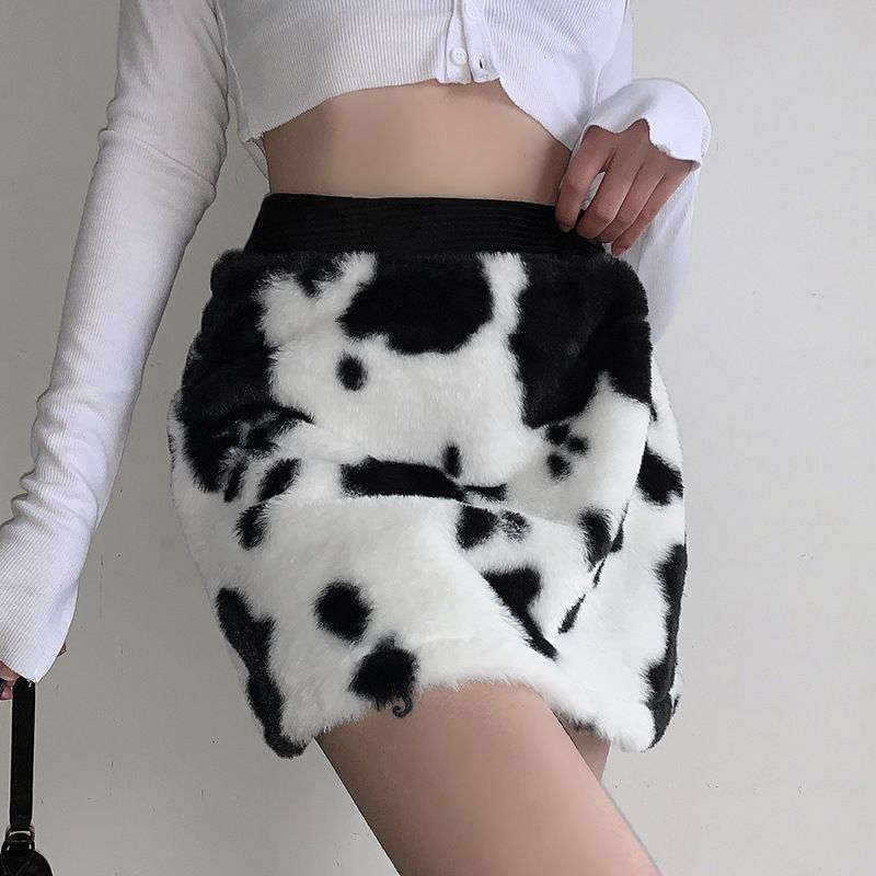 fuzzy cow print skirt