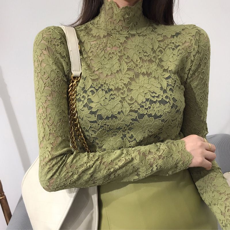 Purseka - Turtleneck Long-Sleeve Lace 