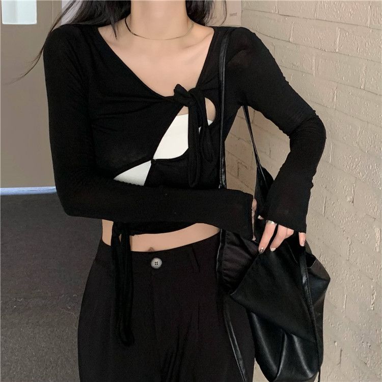 Long-Sleeve Asymmetrical Neck Plain Top 