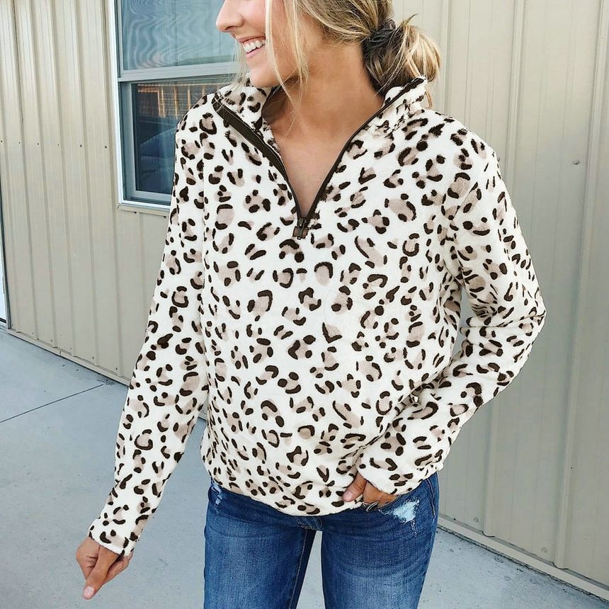 leopard print half zip fleece