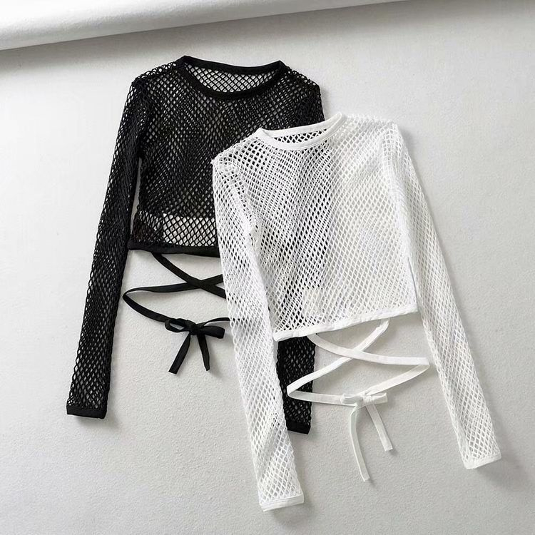 white fishnet long sleeve crop top