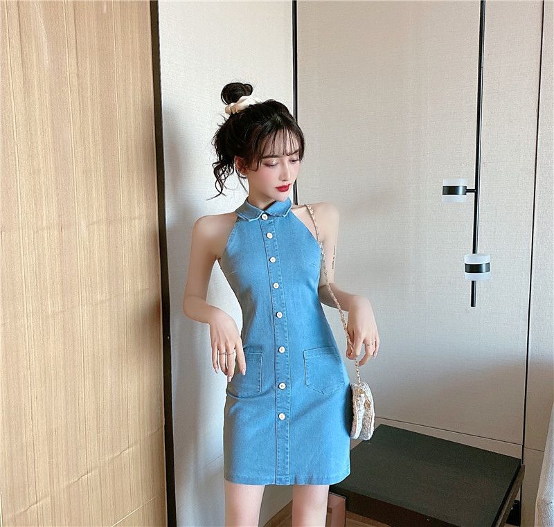 Halter-Neck Mini Sheath Denim Dress 