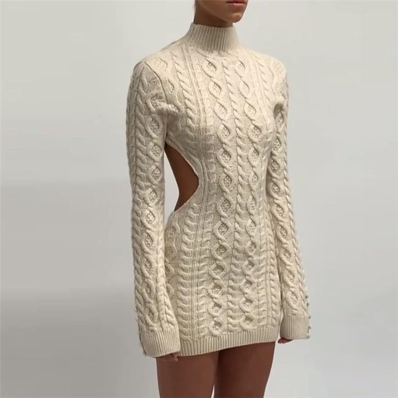 Long Sleeve Open-Back Cable-Knit Mini ...