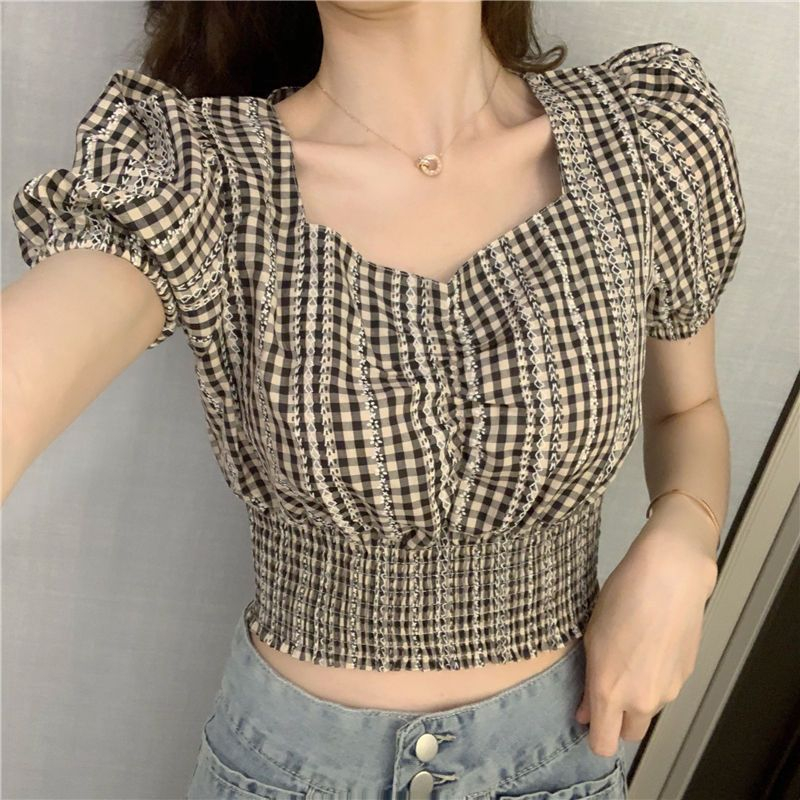 Yako - Puff-Sleeve Gingham Cropped Top 