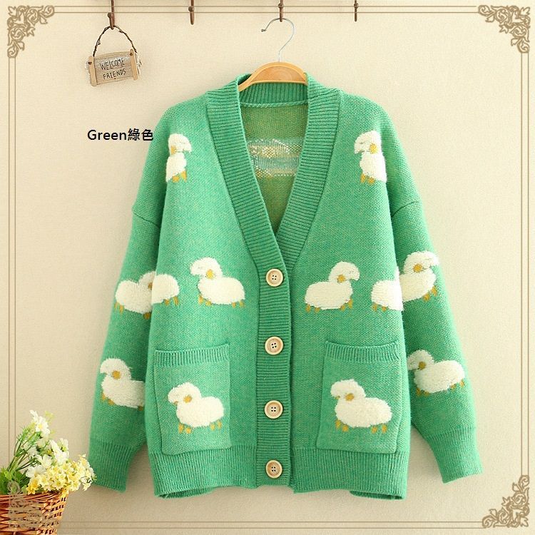 Sheep Printed V-Neck Knitted Cardigan 