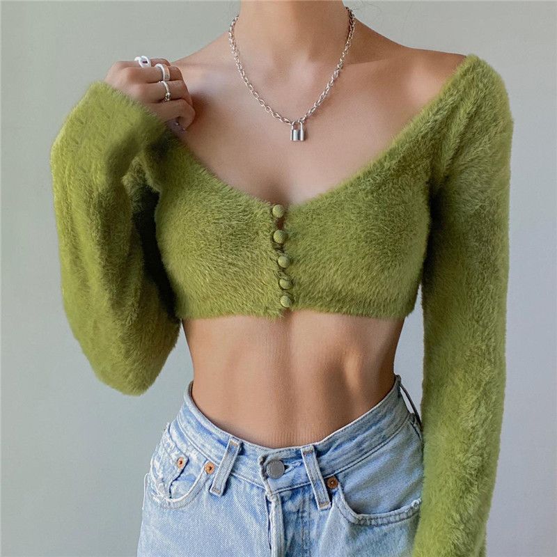 Long-Sleeve Fluffy Button-Up Crop Top 