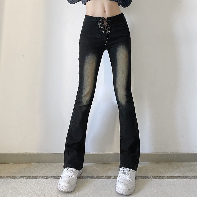 Low Rise Lace-Up Washed Boot-Cut Jeans 