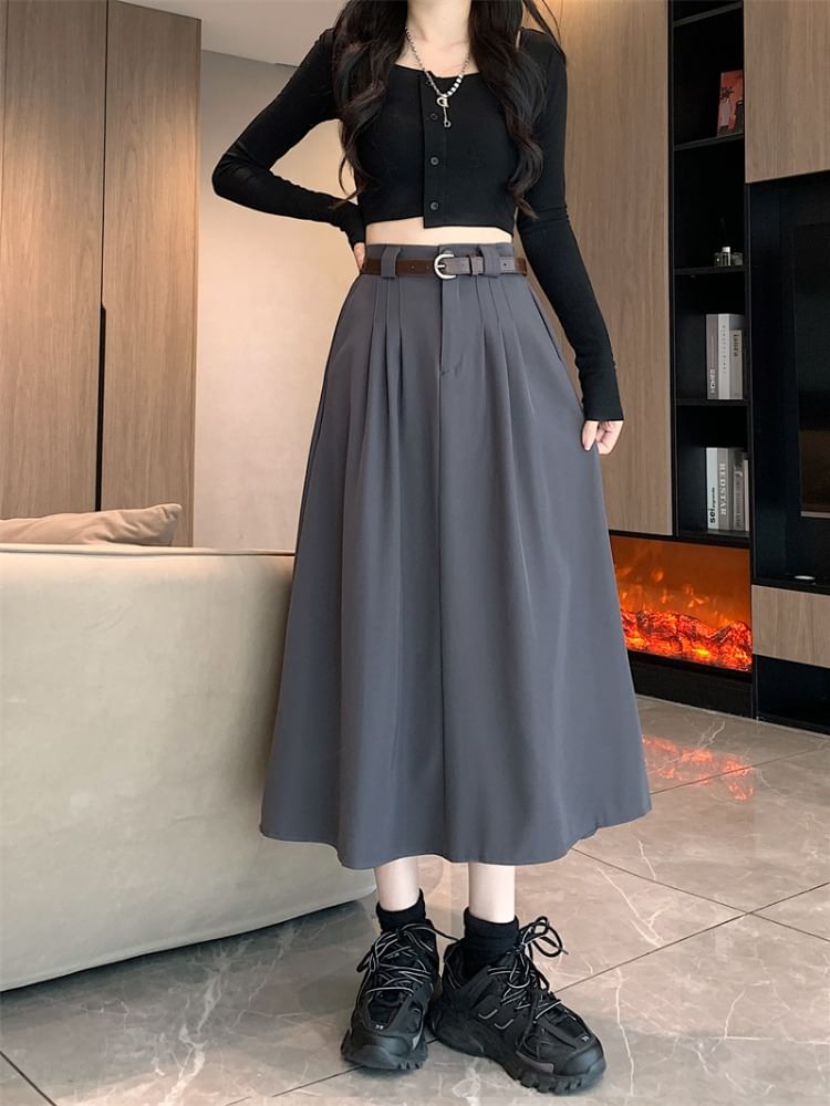 YesStyle - ANORA Rise Belted A-Line | Plain Midi High Skirt