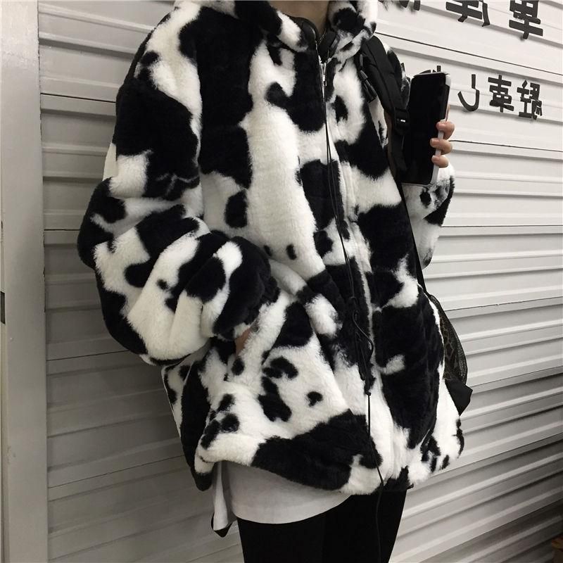 fluffy cow print jacket