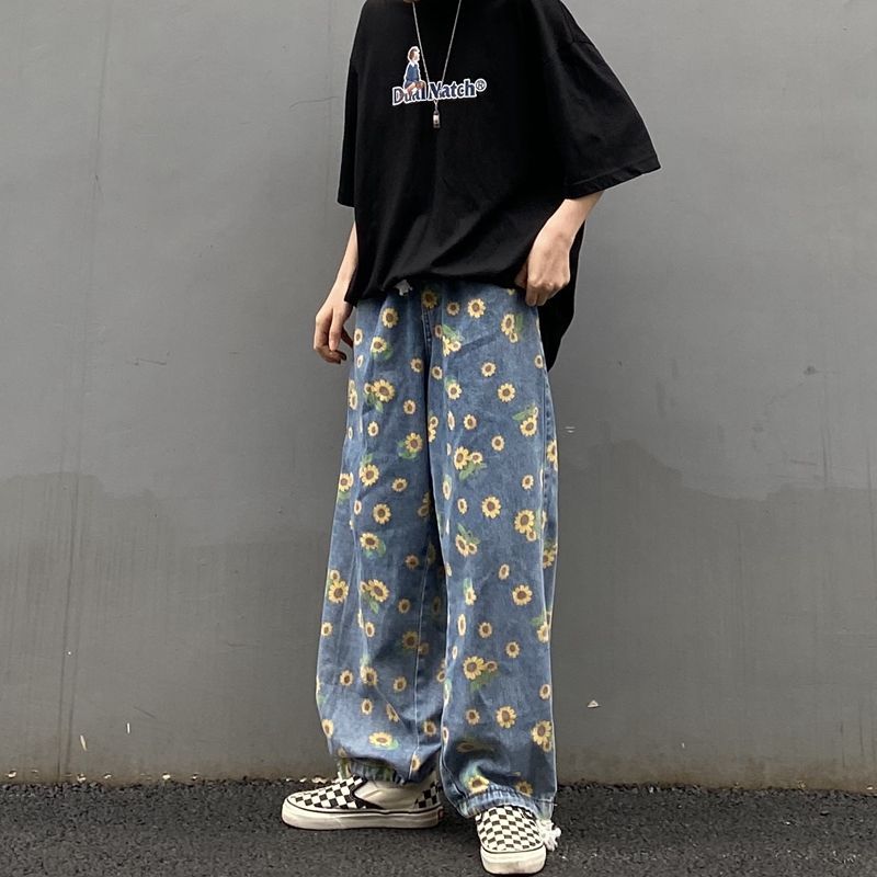 Mid Rise Sunflower Print Wide-Leg Jeans 