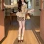 Set: Collared Two Tone Peplum Double Breasted Tie-Waist Jacket + High Waist Plaid Mini A-Line Skirt
