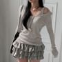 Set: Long-Sleeve Scoop Neck Plain Ribbed T-Shirt + Tank Top