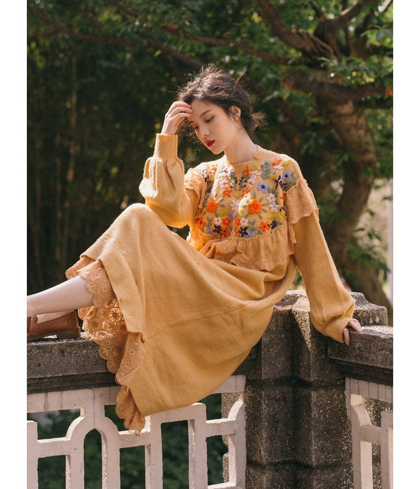 Pantho Long-Sleeve Crew Neck Floral Embroidery Lace Trim Midi Knit Dress floral/tangerine/yellow One Size