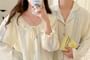 Couple Matching Long Sleeve Scoop Neck Patterned Print Ruffle Pajama Blouse / Collared Shirt / Straight Leg Pants / Pajama Dress / Set (Various Designs)