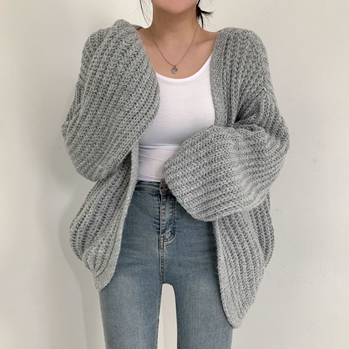 V-Neck Plain Lantern-Sleeve Cardigan 