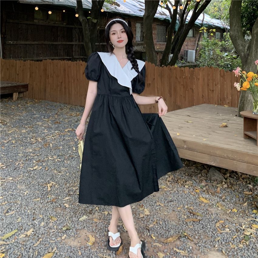 Puff-Sleeve Color Block Midi Dress 