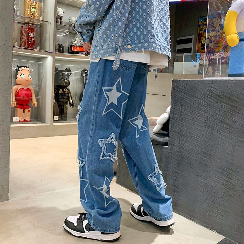 Star Print Distressed Wide-Leg Jeans 