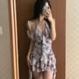 Halter Floral Ruched Asymmetrical Ruffle Trim Swim Dress