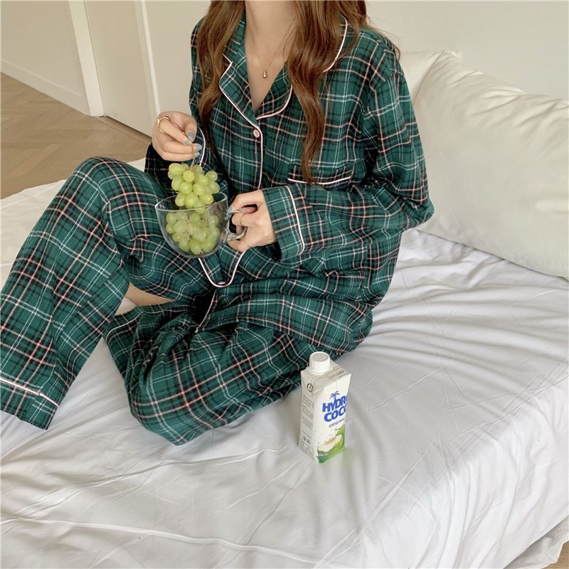 Pajama Set: Plaid Shirt + Pants | YesStyle