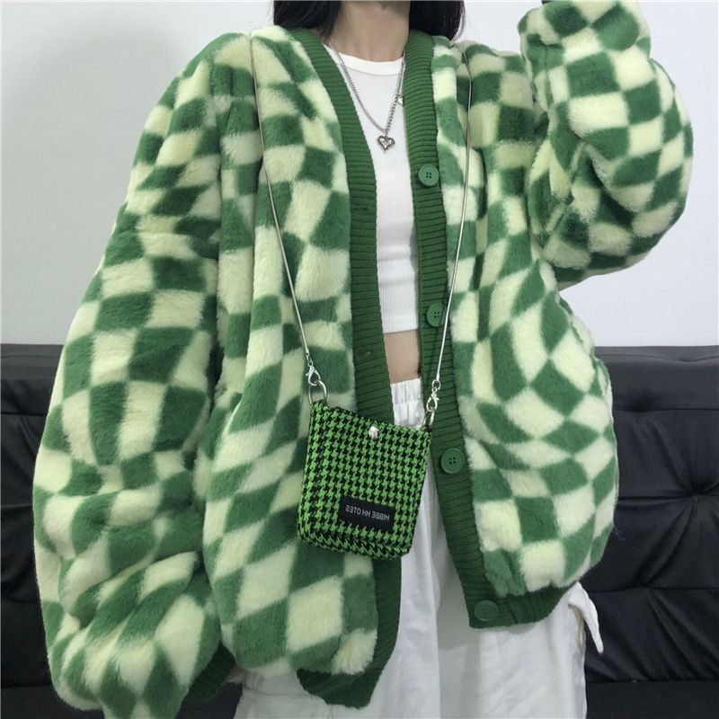Home - Checkered Fluffy Cardigan | YesStyle