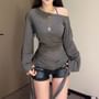 Long-Sleeve Scoop Neck Plain Sashed Slim Fit Top
