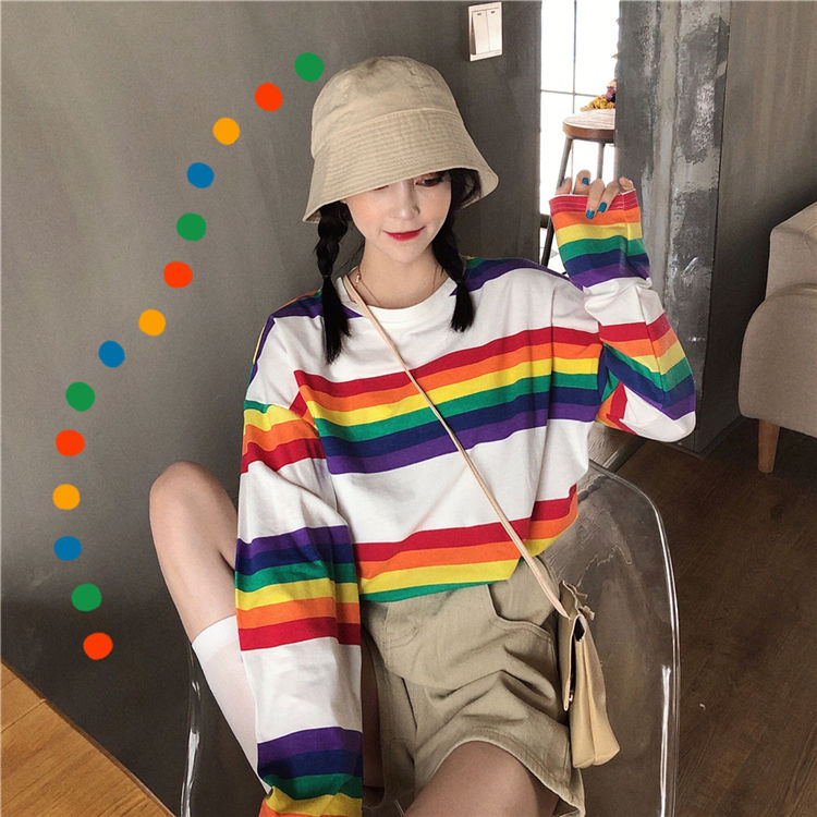 Rainbow Striped Long-Sleeve Oversized T 