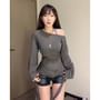 Long-Sleeve Scoop Neck Plain Sashed Slim Fit Top