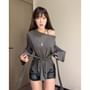 Long-Sleeve Scoop Neck Plain Sashed Slim Fit Top