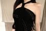 Halter Plain Studded Top / Mid Rise Pleated Belted Faux Leather Mini A-Line Skirt