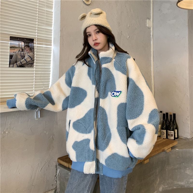 Milk Cow Print Zip-Up Fleece Jacket 