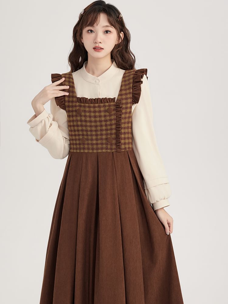 Aesthetic Brown Plaid Dungaree Dress Sansweet Set: Long-Sleeve Mock Neck Plain Knit Top Midi A- Aesthetic Brown Plaid Dungaree Dress Sansweet Set: Long-Sleeve Mock Neck Plain Knit Top Midi A-