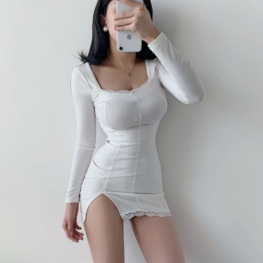 Lace Trim Long-Sleeve Bodycon Dress 