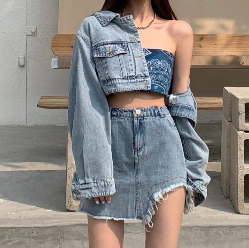 Asymmetrical Denim Mini Pencil Skirt 