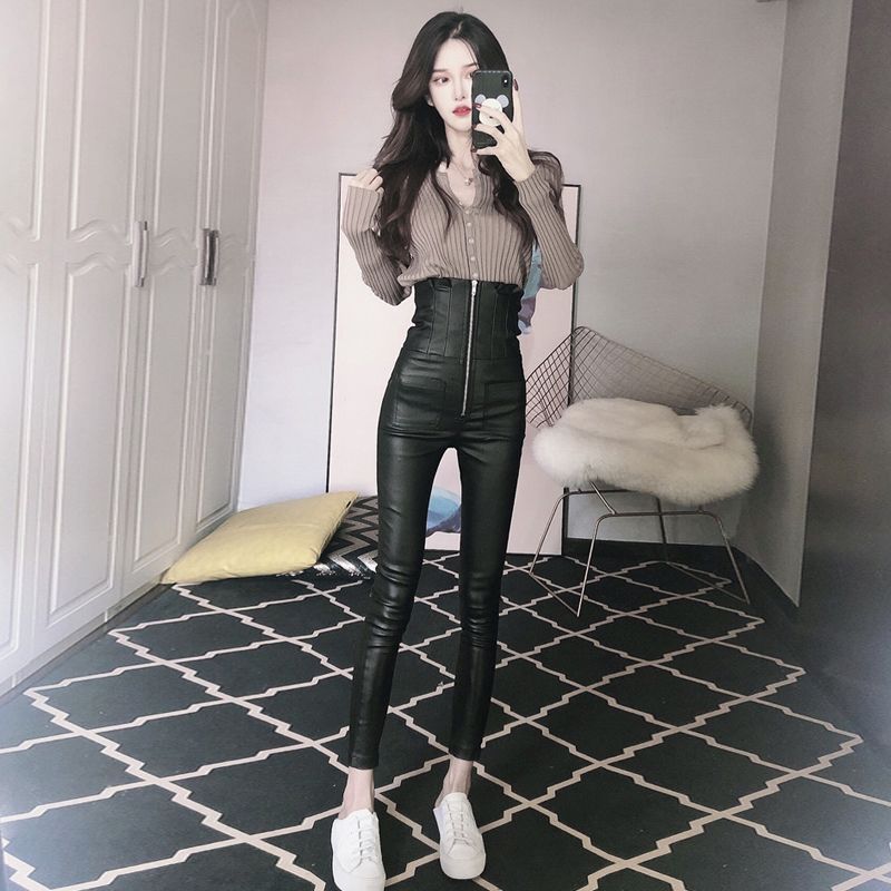 high waist faux leather skinny pants