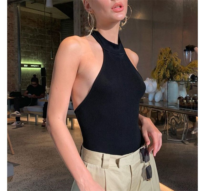 Phaeralue - Halter Mock Neck Plain Bodysuit Top | YesStyle