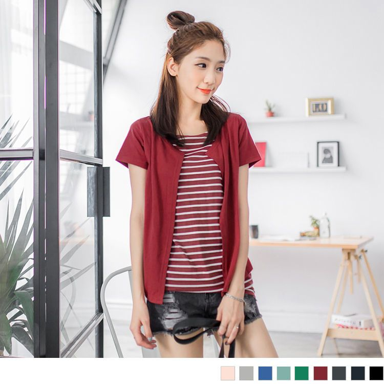 short sleeve cardigan over long sleeve shirt