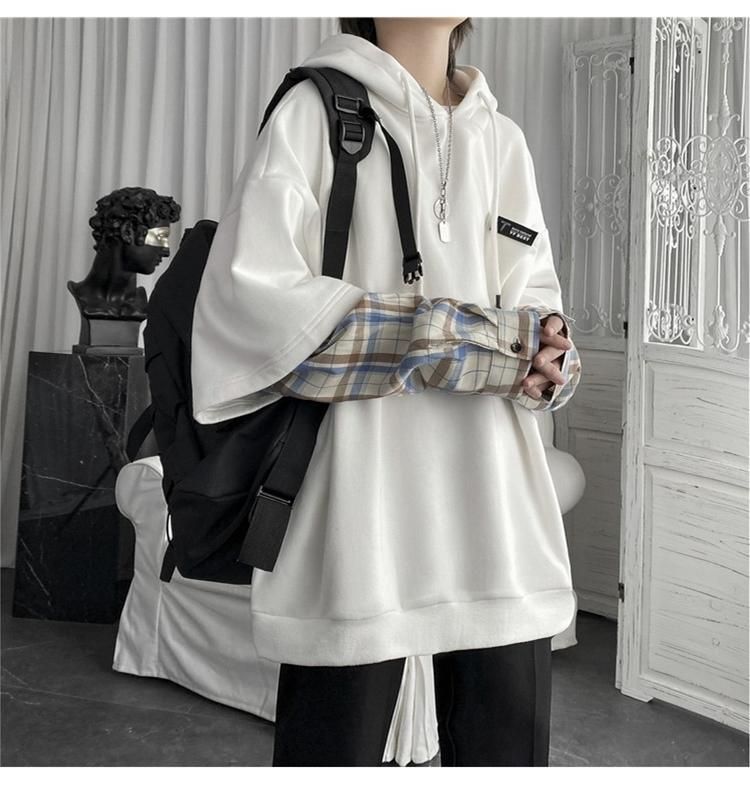 Mock Two-Piece Plaid Panel Hoodie 