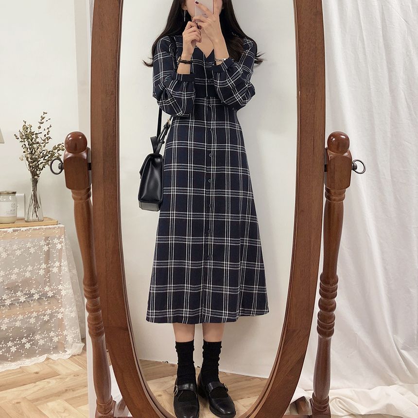 Midoray - Long-Sleeve Plaid Midi A-Line 